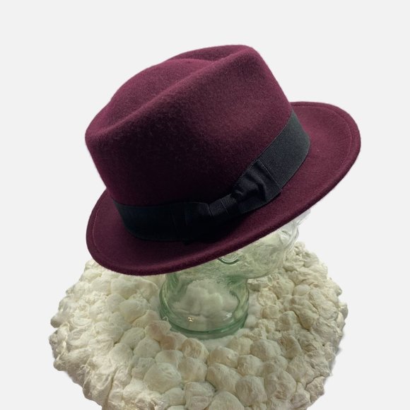 Unbranded Accessories - Burgundy Deep Red Wool Fedora with Black Grosgrain Ribbon Band